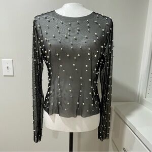 NWOT Boutique Black Sheer Top Faux Pearl Embellishment Club Date Night Concert
